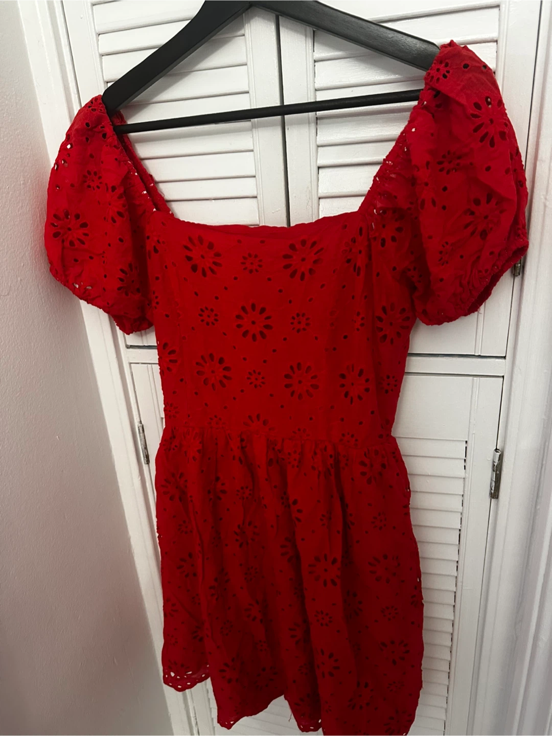 Red Eyelet Puff Sleeve Mini Dress - photo 2