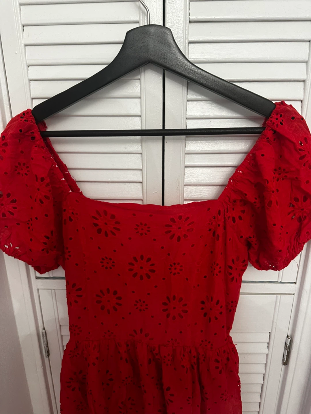 Red Eyelet Puff Sleeve Mini Dress - photo 4