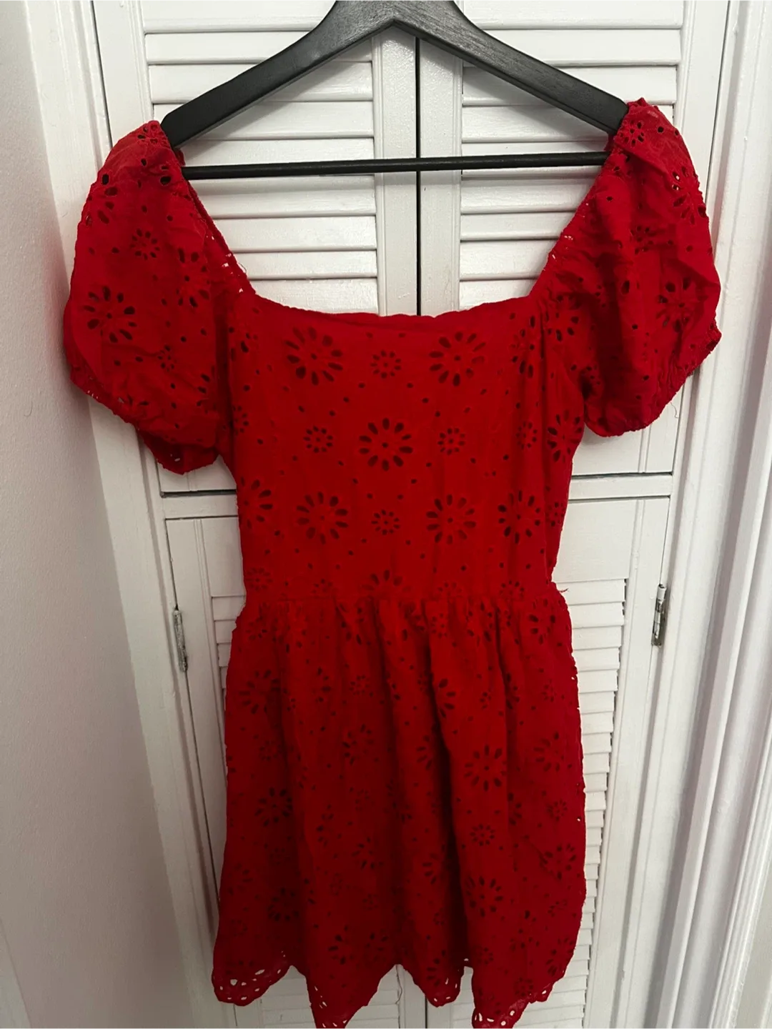 Red Eyelet Puff Sleeve Mini Dress thumbnail