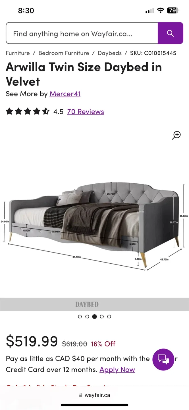 New Mercer41 Arwilla Twin Velvet Daybed - Silver Grey image indicator(5)