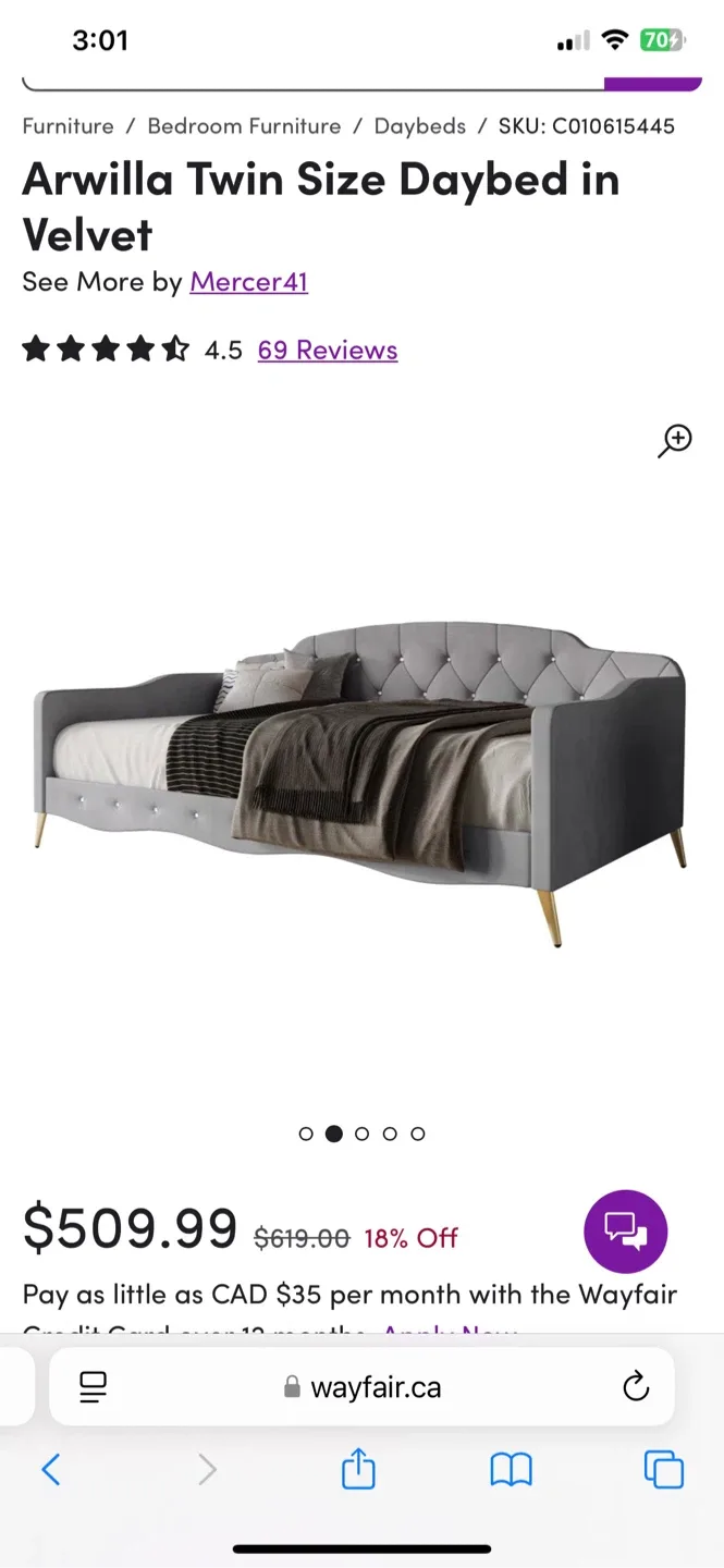 New Mercer41 Arwilla Twin Velvet Daybed - Silver Grey image indicator(6)