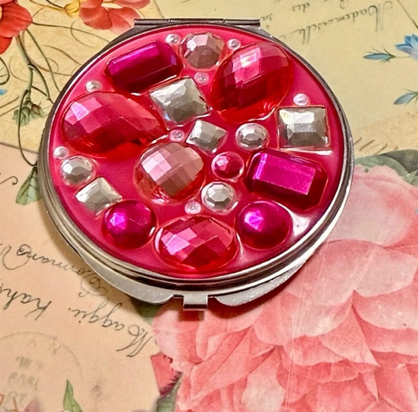 Y2K Vintage Pink Jewel Covered Compact Travel Mirror thumbnail
