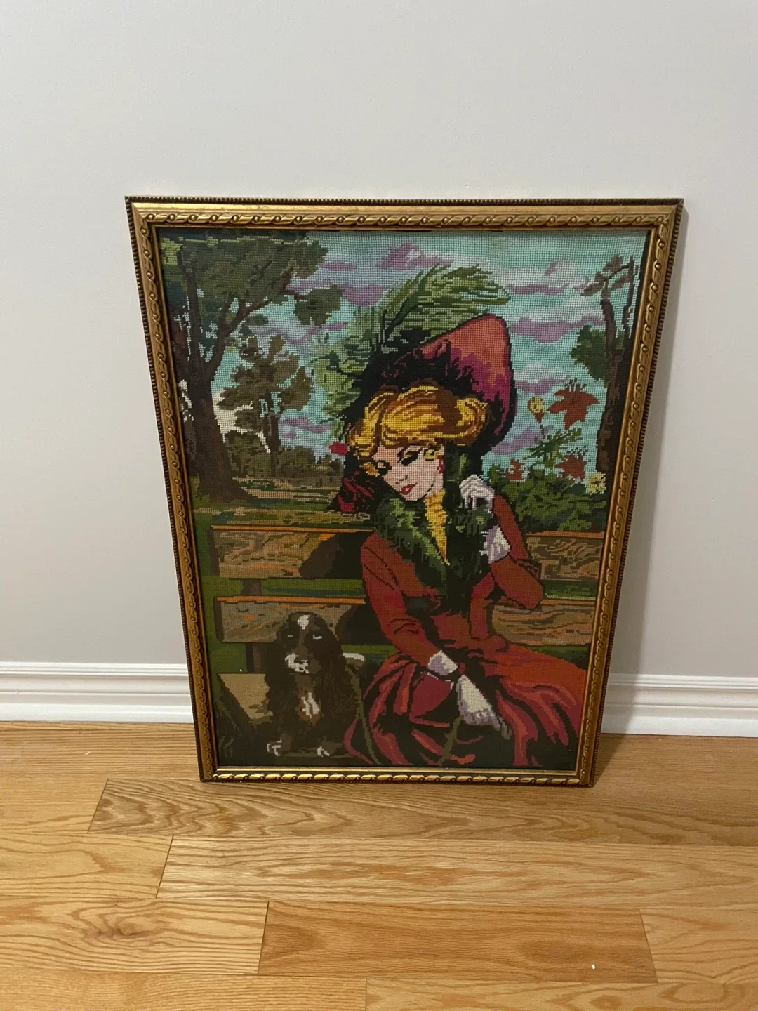 Framed Needlepoint Art - Lady and Dog thumbnail