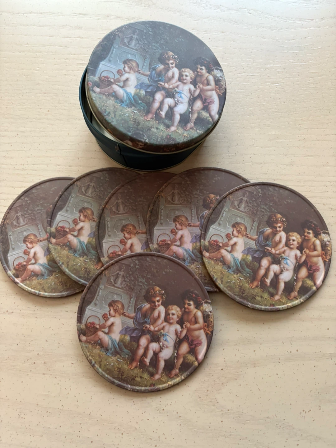 Vintage Cherub Coasters w/ Cork Bottoms & Tin