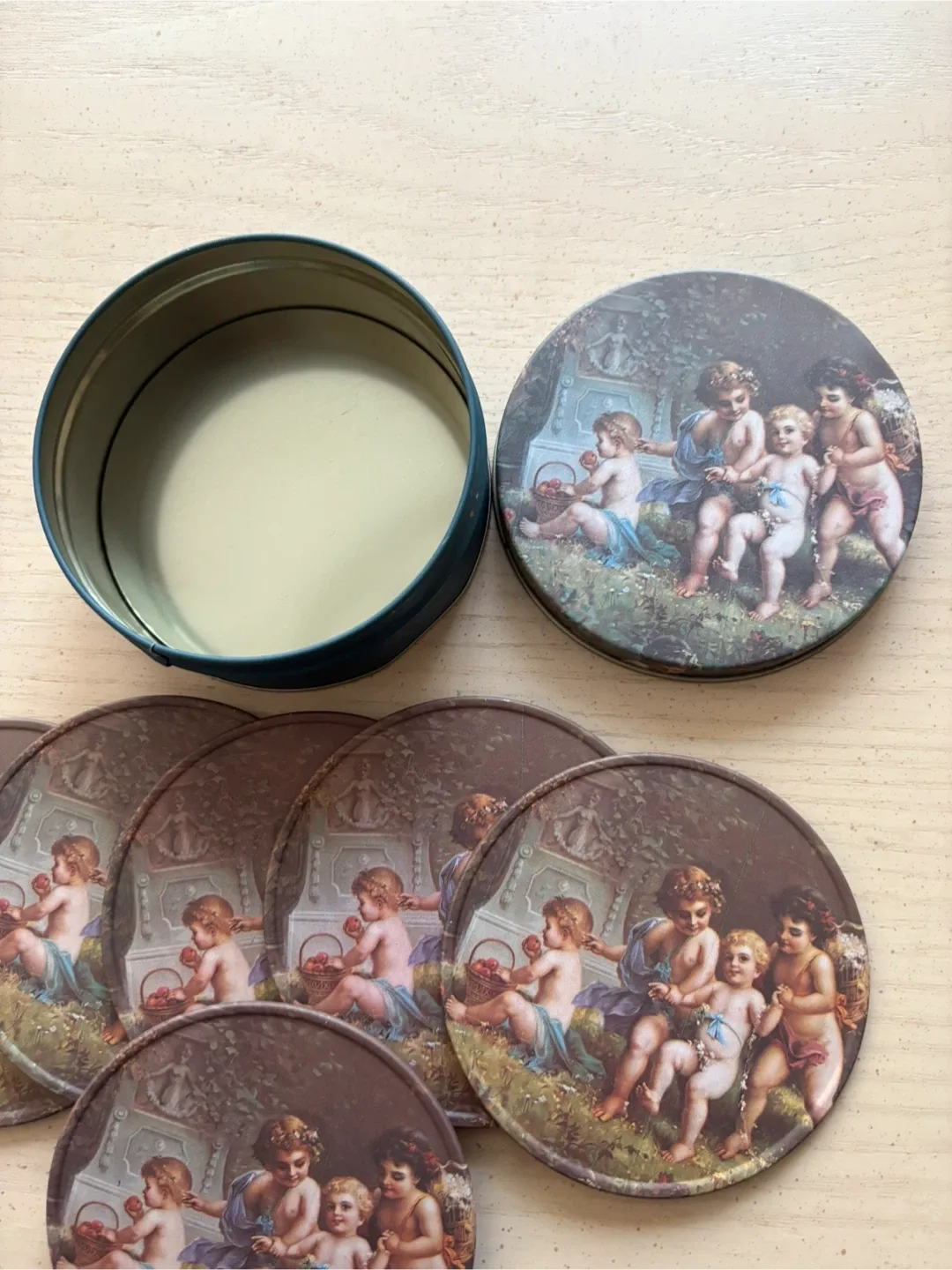 Vintage Cherub Coasters w/ Cork Bottoms & Tin image indicator(2)