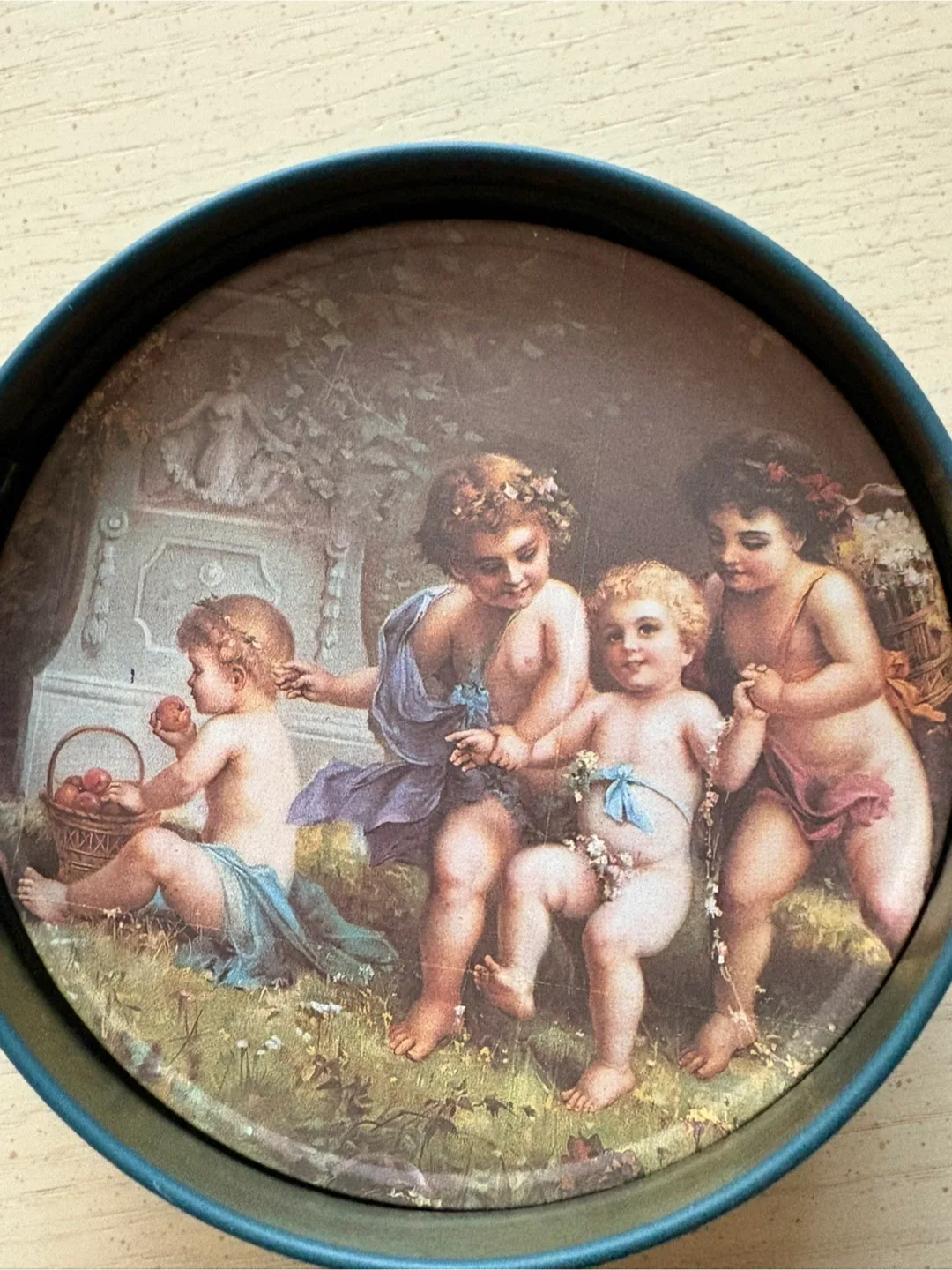 Vintage Cherub Coasters w/ Cork Bottoms & Tin image indicator(5)