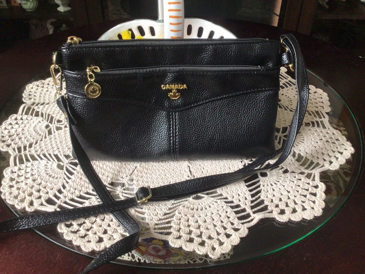 Black ladies cross body bag made in Canada size 10 x6 image indicator(2)