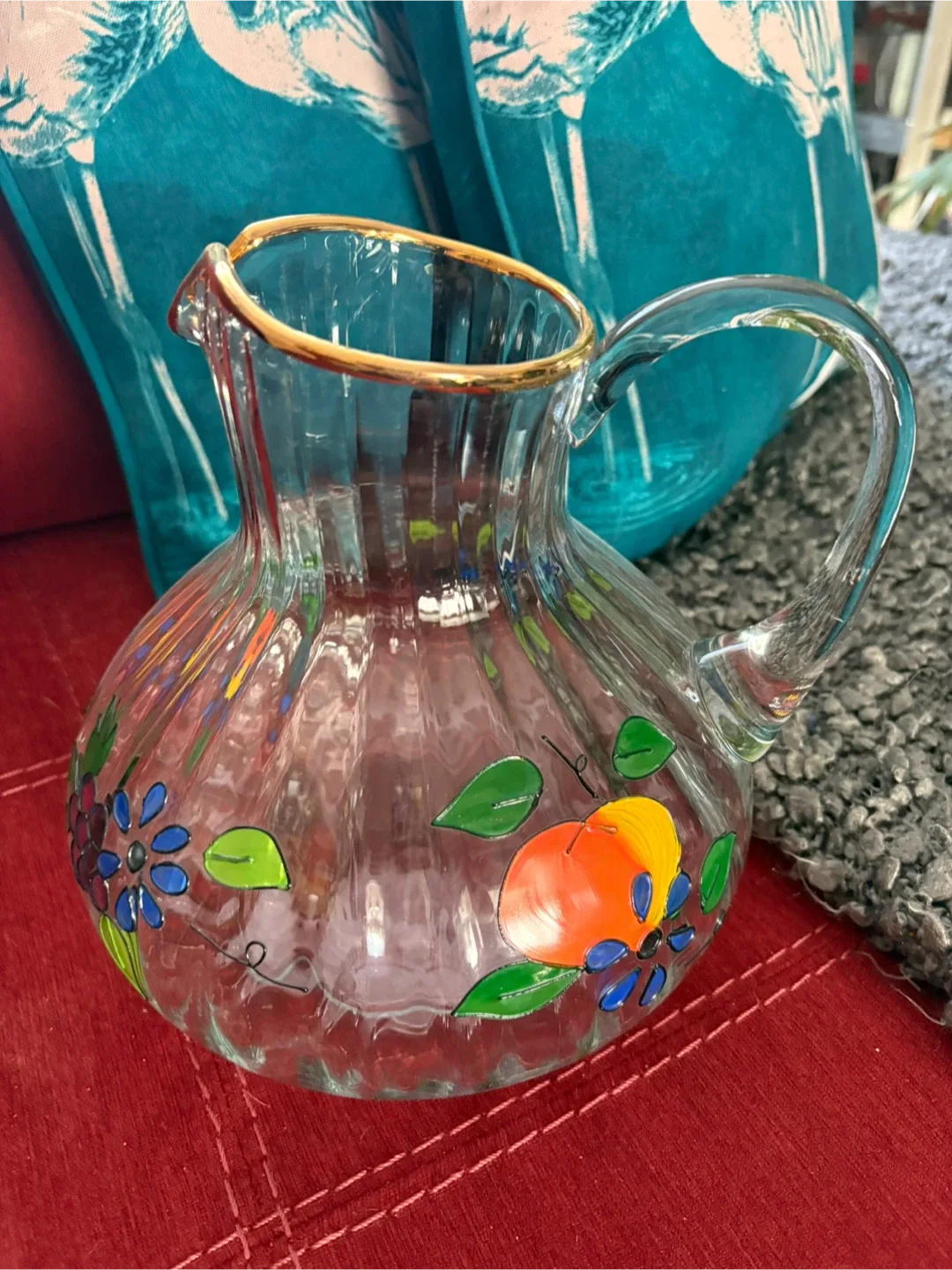 Vintage Hand Painted Glass Pitcher w/Gold Rim image indicator(6)