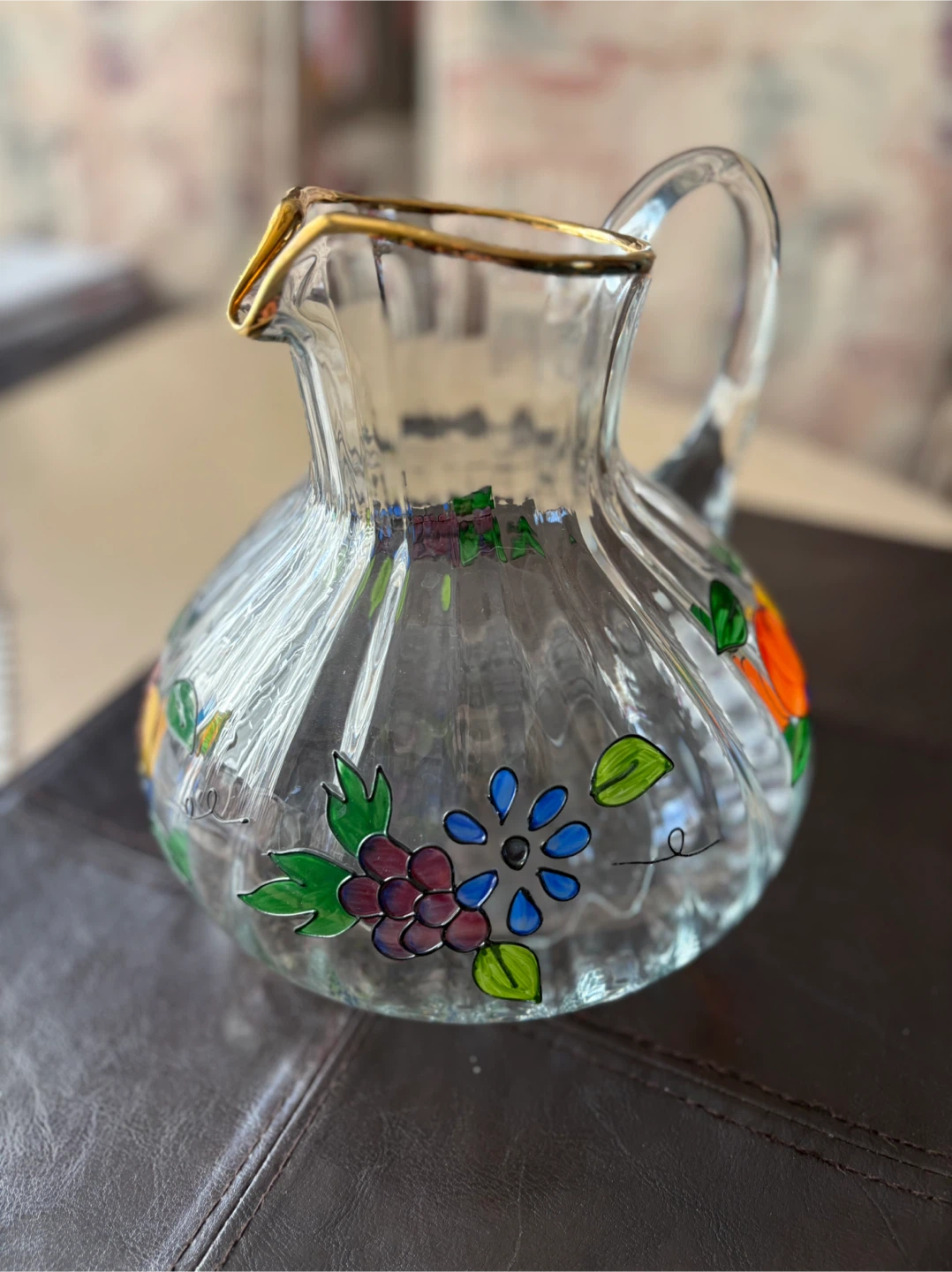 Vintage Hand Painted Glass Pitcher w/Gold Rim