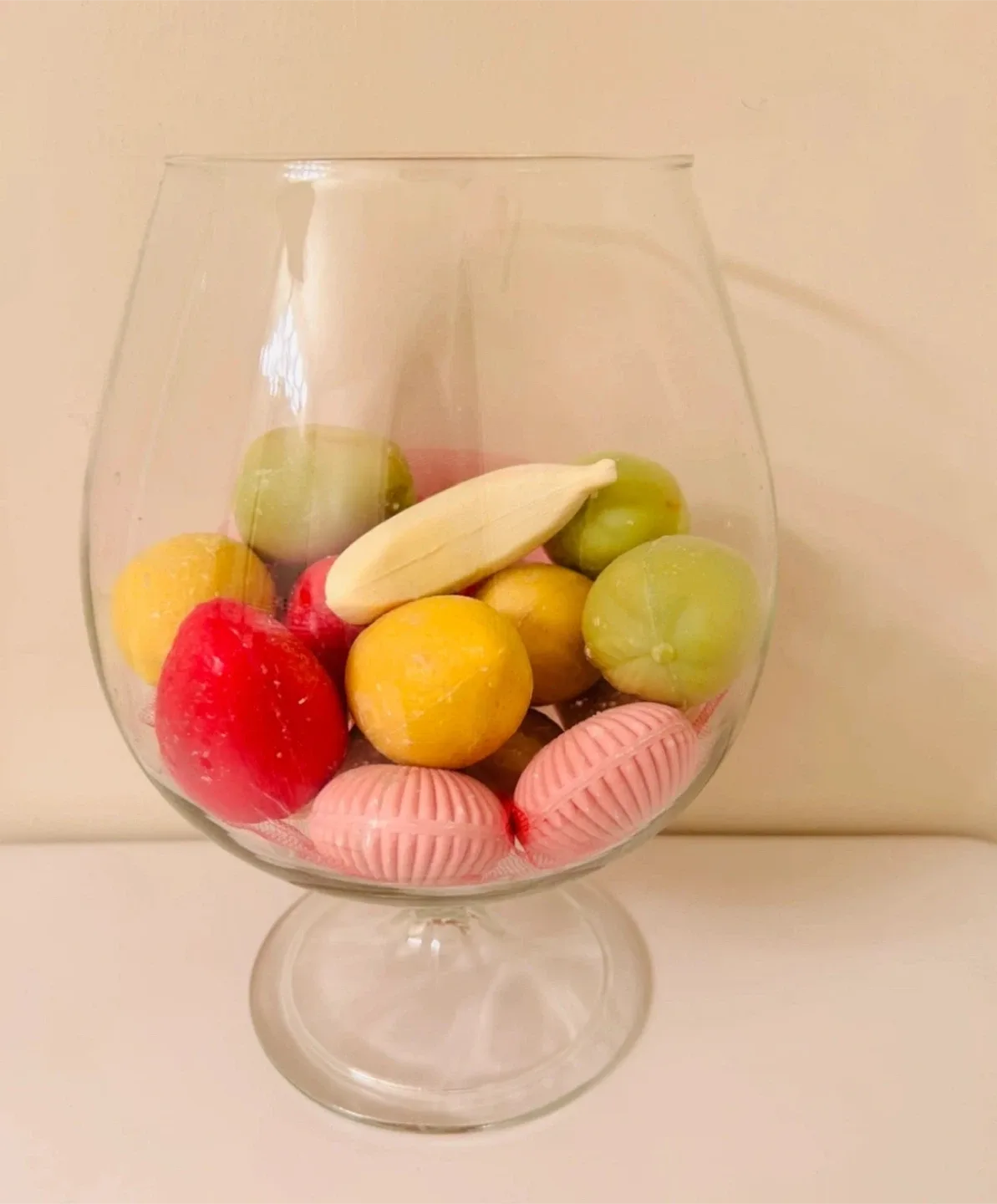BIG glass goblet with Fruit Shaped Soaps