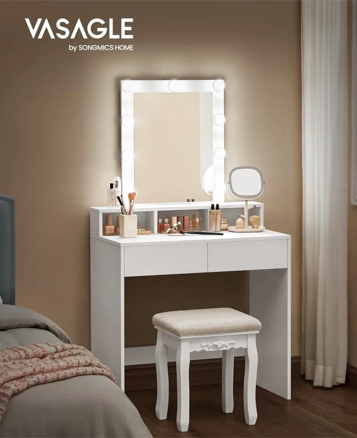 White Vanity Mirror Desk with Lights + White Fur Storage Ottoman image indicator(2)