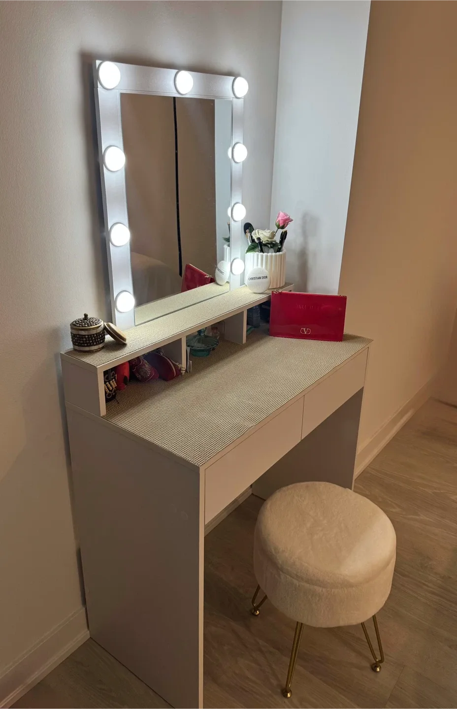 White Vanity Mirror Desk with Lights + Fur Storage Ottoman