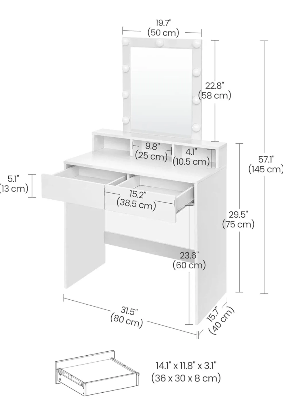 White Vanity Mirror Desk with Lights + White Fur Storage Ottoman image indicator(3)