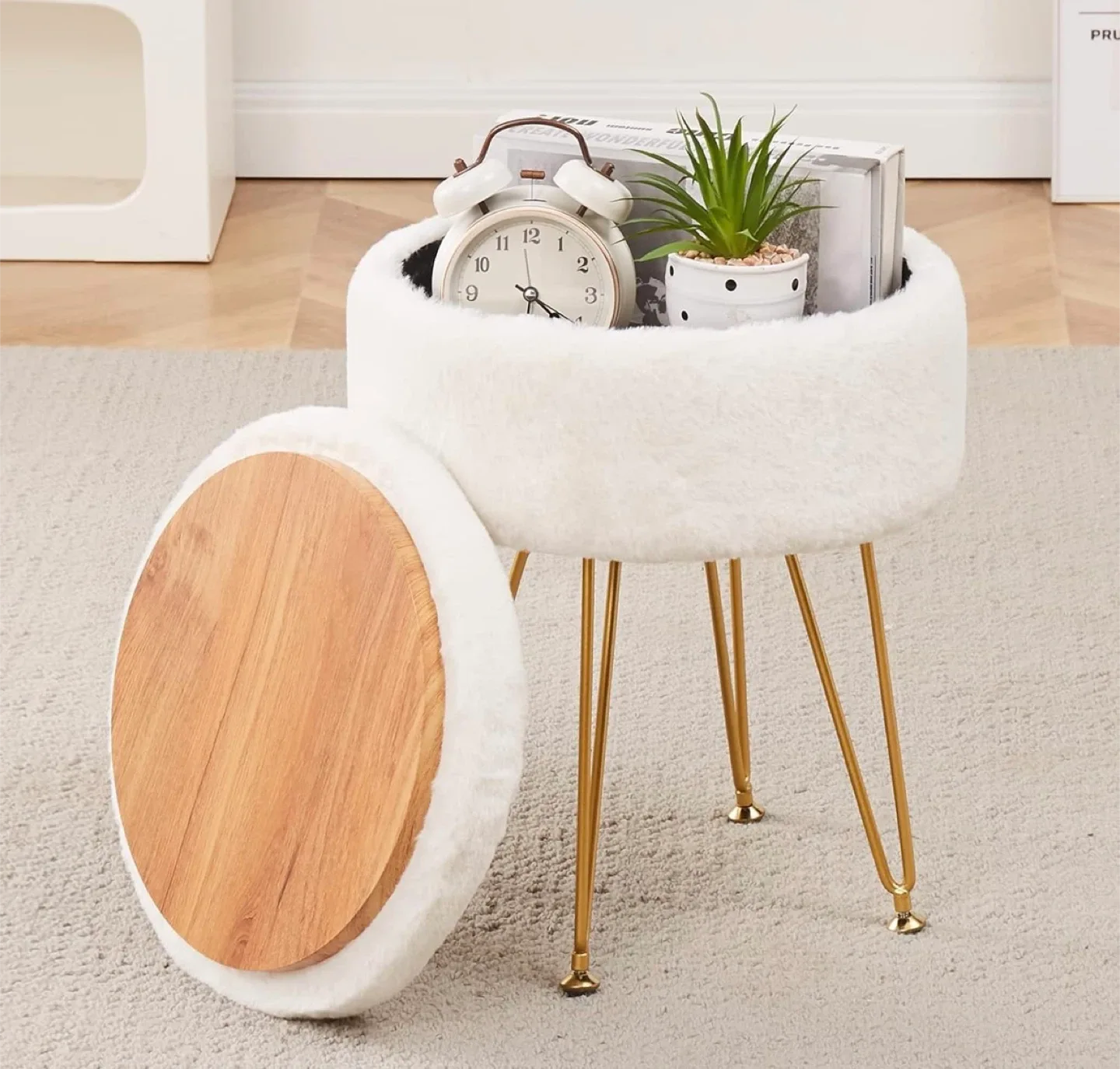 White Vanity Mirror Desk with Lights + White Fur Storage Ottoman image indicator(4)