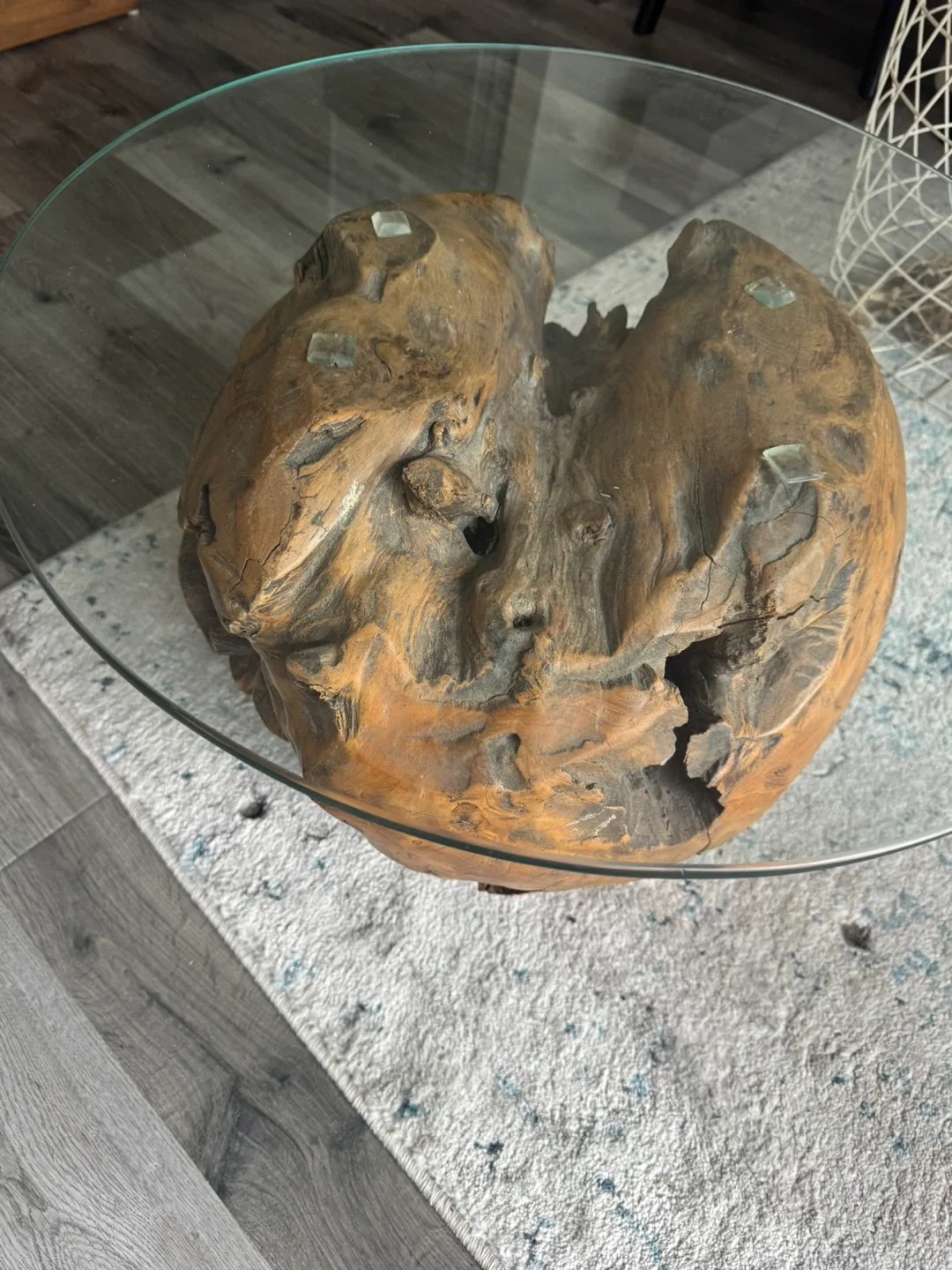 Unique Glass Top Coffee Table with drift Wood Base image indicator(2)
