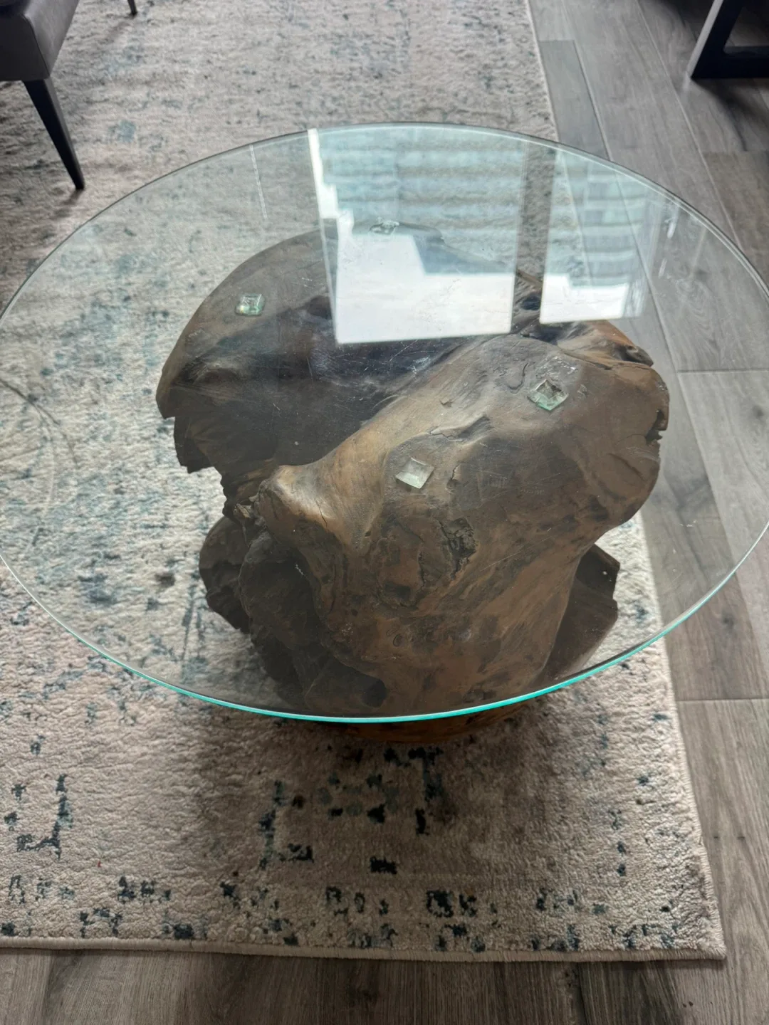Unique Glass Top Coffee Table with drift Wood Base image indicator(3)