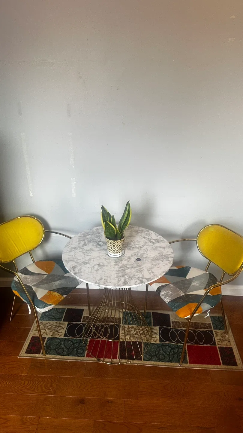 Round Table with Gold Metal Base & 2 Chairs image indicator(2)