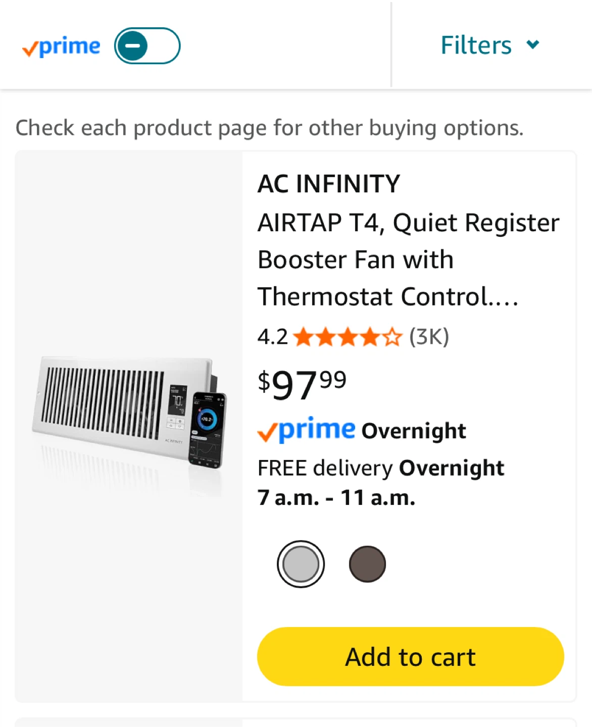 AC Infinity AIRTAP T4 Quiet Register Booster Fan
