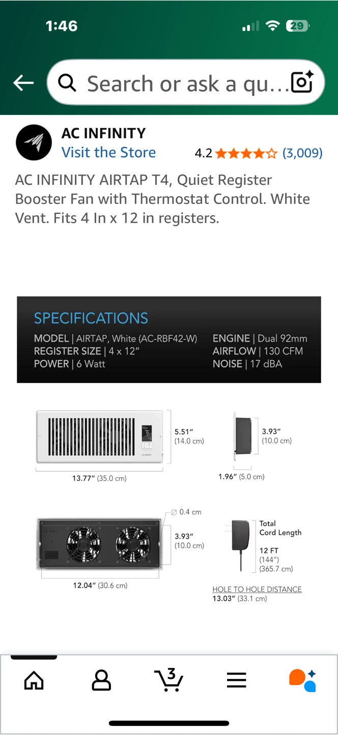 AC Infinity AIRTAP T4 Quiet Register Booster Fan - photo 5