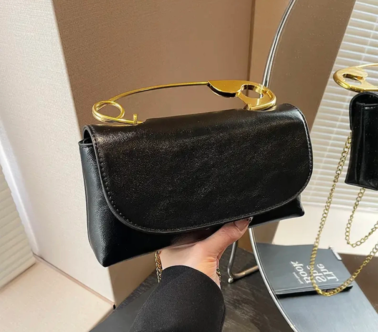 Black Shoulder Bag with Gold Safety Pin Detail