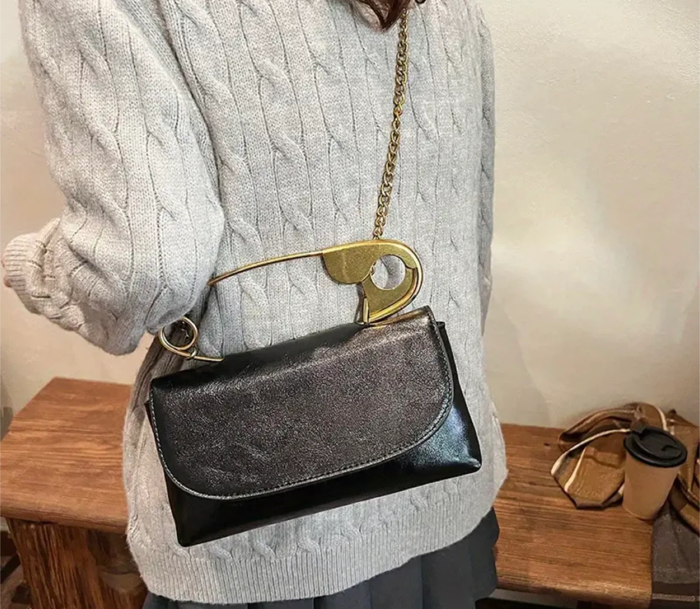Black Shoulder Bag with Gold Safety Pin Detail - photo 2
