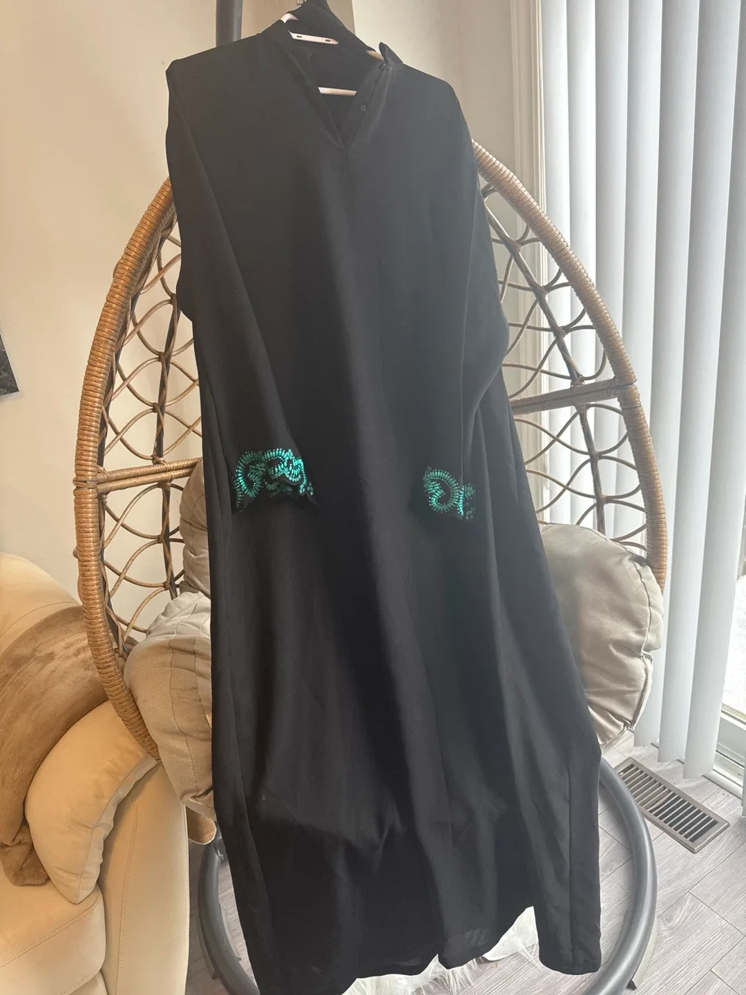Black Abaya Dress with Turquoise Embroidery