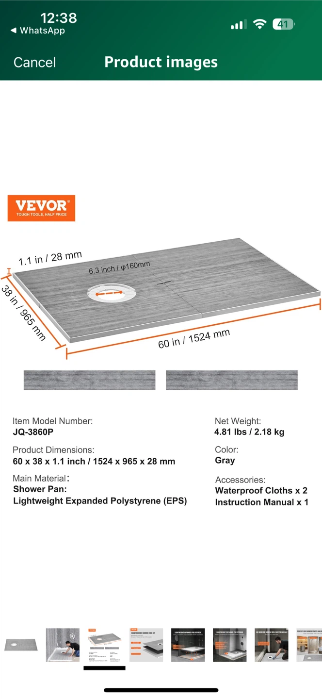 VEVOR JQ-3860P Shower Tray - 60 x 38 x 1.1 inch - photo 2