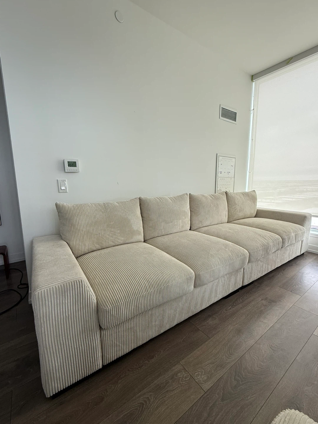 Cream Corduroy Sectional Couch with Two Ottomans Condo Friendly - photo 2