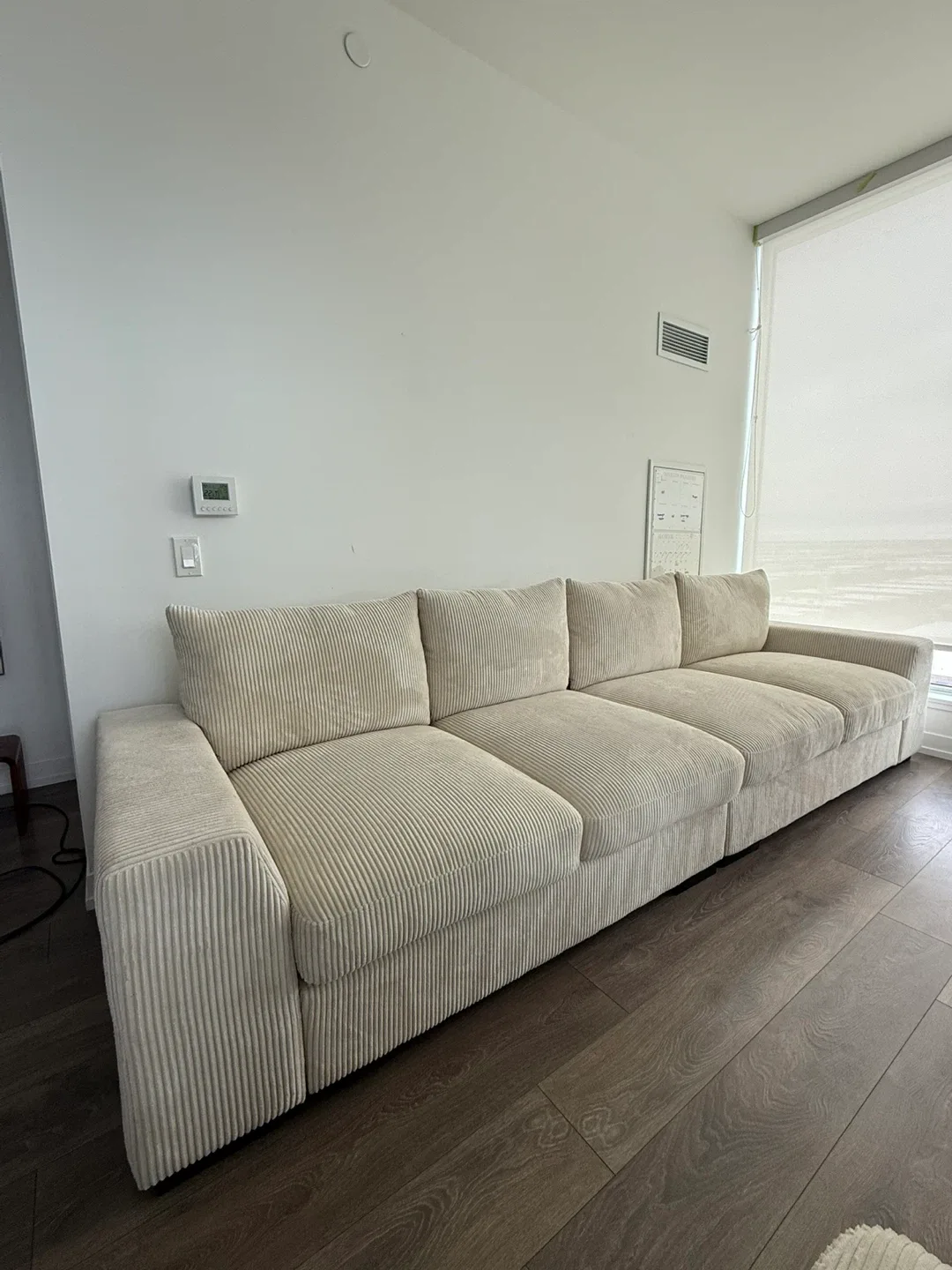 Cream Corduroy Sectional Couch with Two Ottomans Condo Friendly image indicator(2)