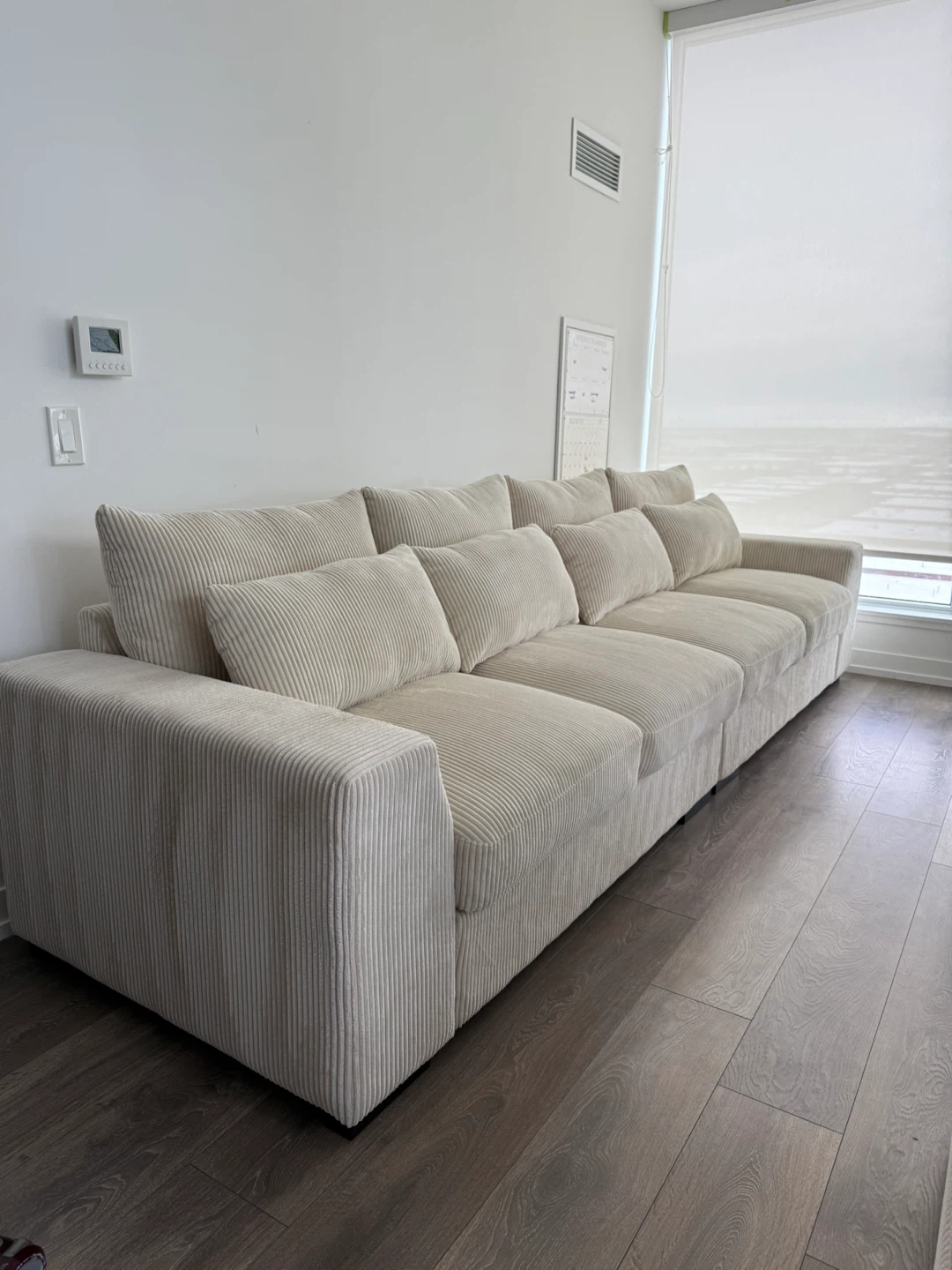 Cream Corduroy Sectional Couch with Two Ottomans Condo Friendly - photo 3