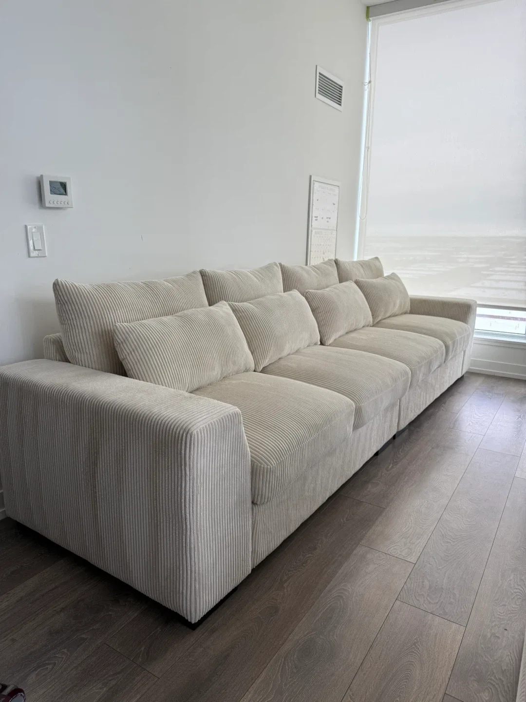 Cream Corduroy Sectional Couch with Two Ottomans Condo Friendly image indicator(3)