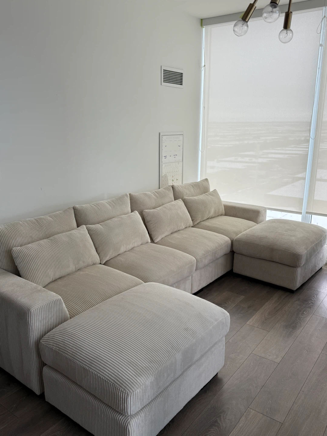 Cream Corduroy Sectional Couch with Two Ottomans Condo Friendly