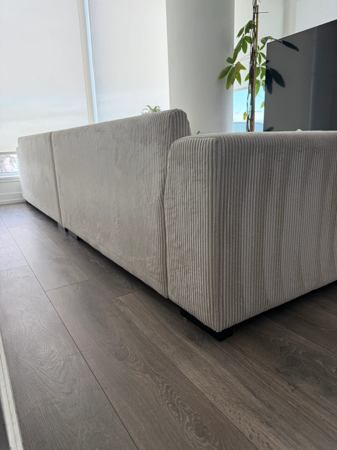 Cream Corduroy Sectional Couch with Two Ottomans Condo Friendly - photo 5