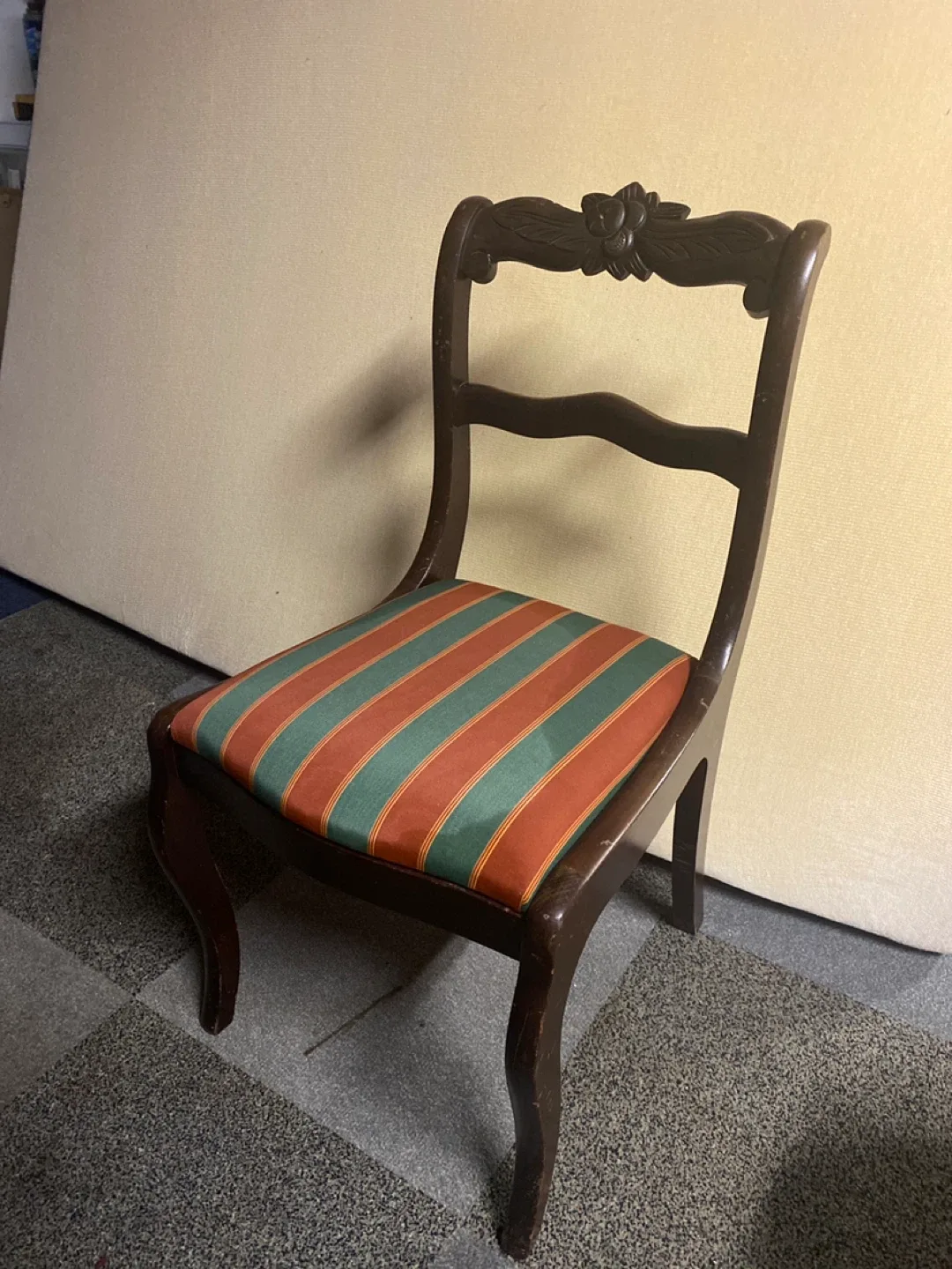 Antique Wooden Chair 🥕 with Striped Fabric Seat image indicator(4)