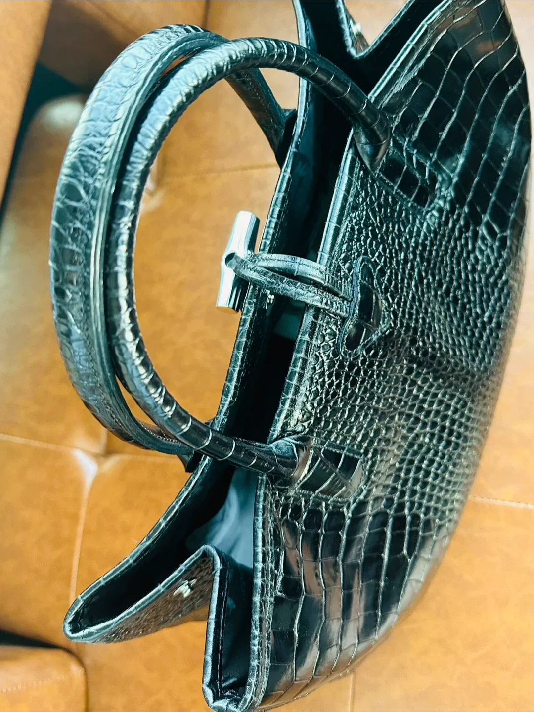 Longchamp Roseau Croco Black Leather- Large $450 image indicator(3)