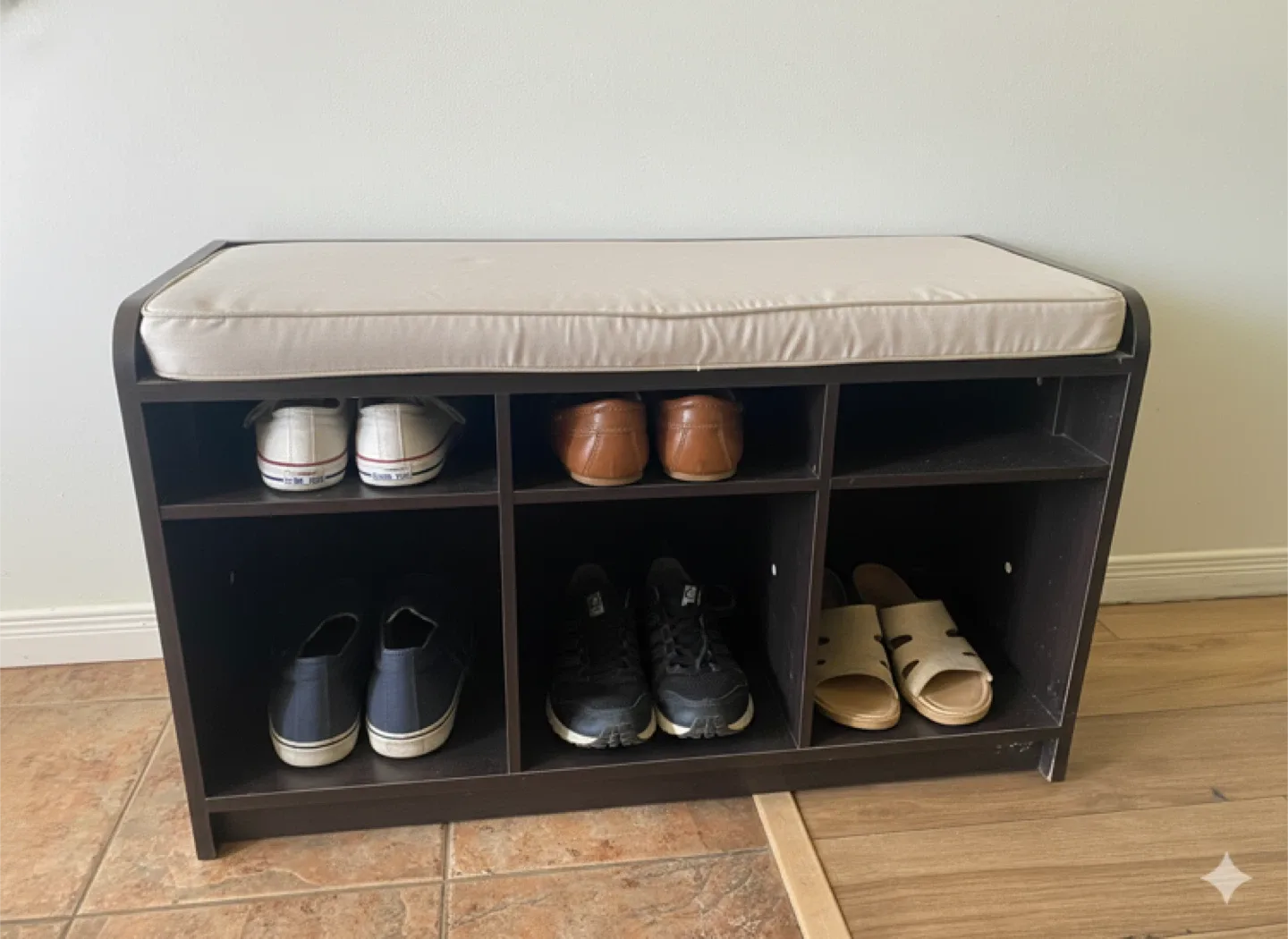 Dark Brown Shoe Rack Bench with Cream Cushion