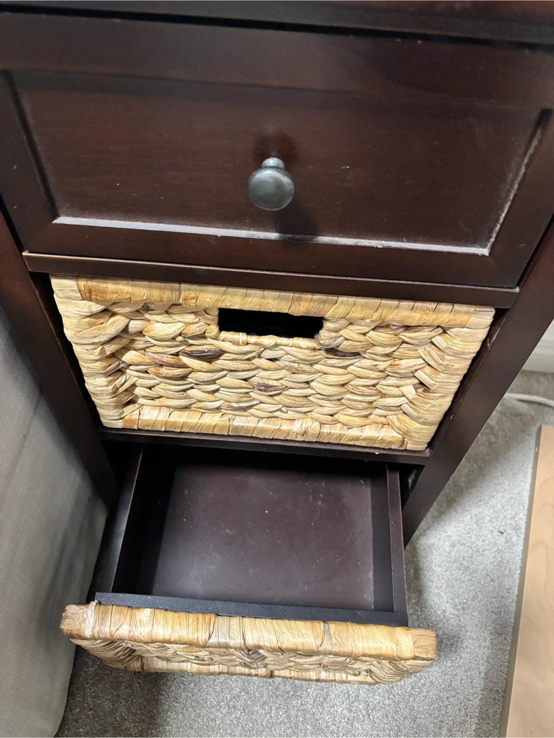 Dark Brown Nightstand with Wicker Baskets image indicator(3)