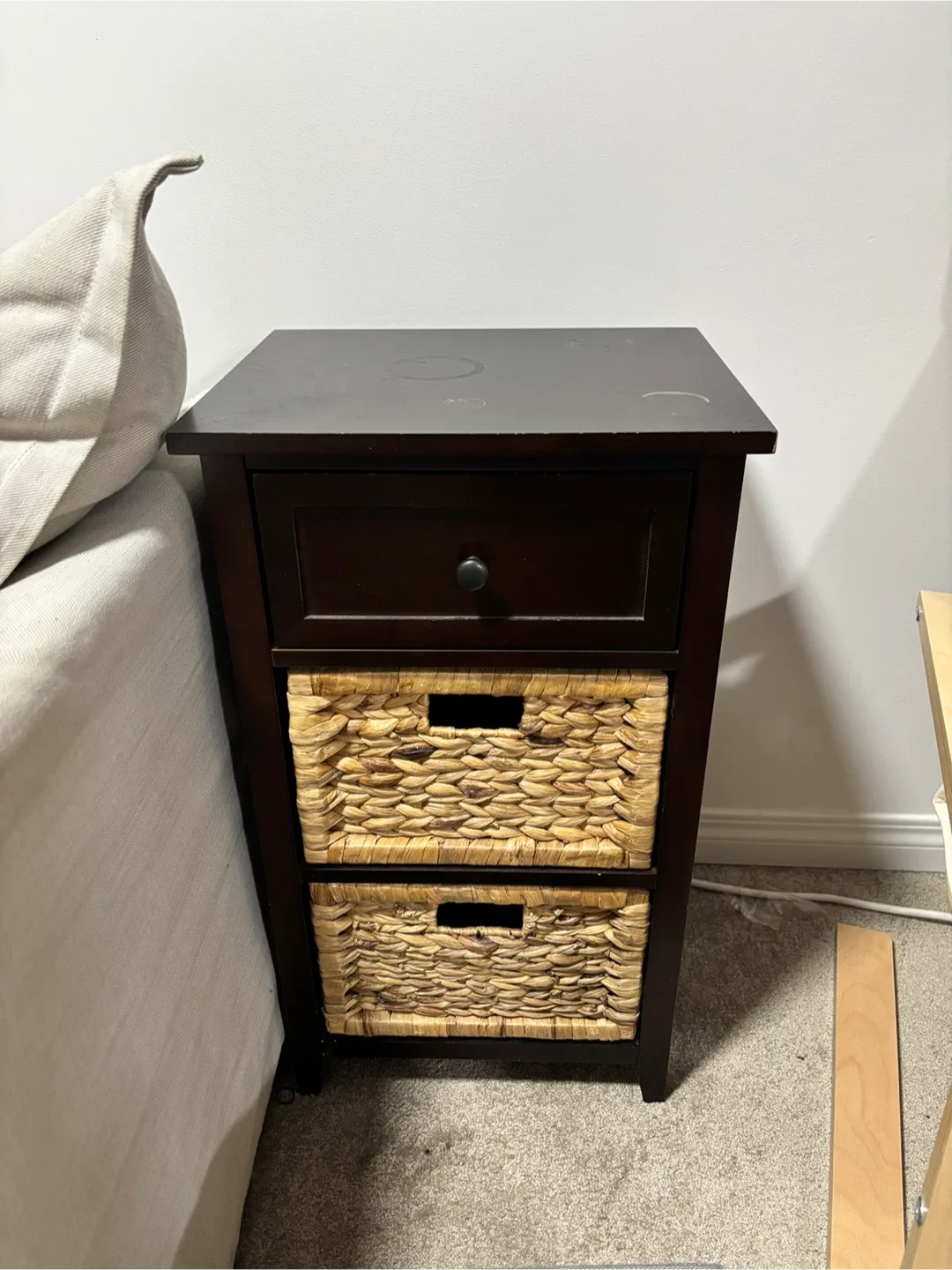 Dark Brown Nightstand with Wicker Baskets