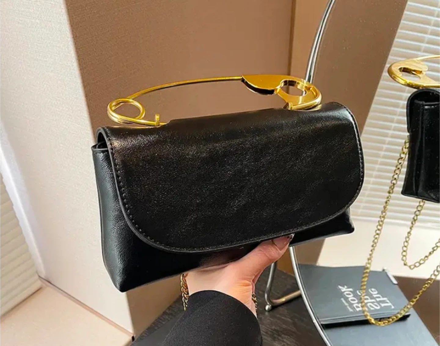 Safety Pin Detail Black Shoulder Bag