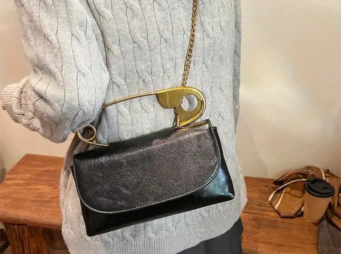 Safety Pin Detail Black Shoulder Bag image indicator(2)