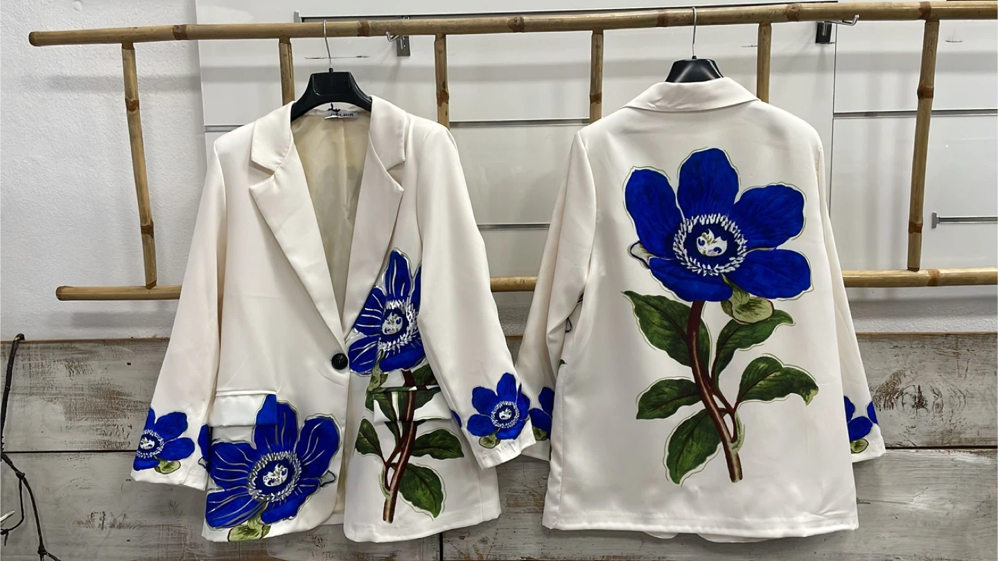 Floral Blazer - Cream with Blue Flower Design