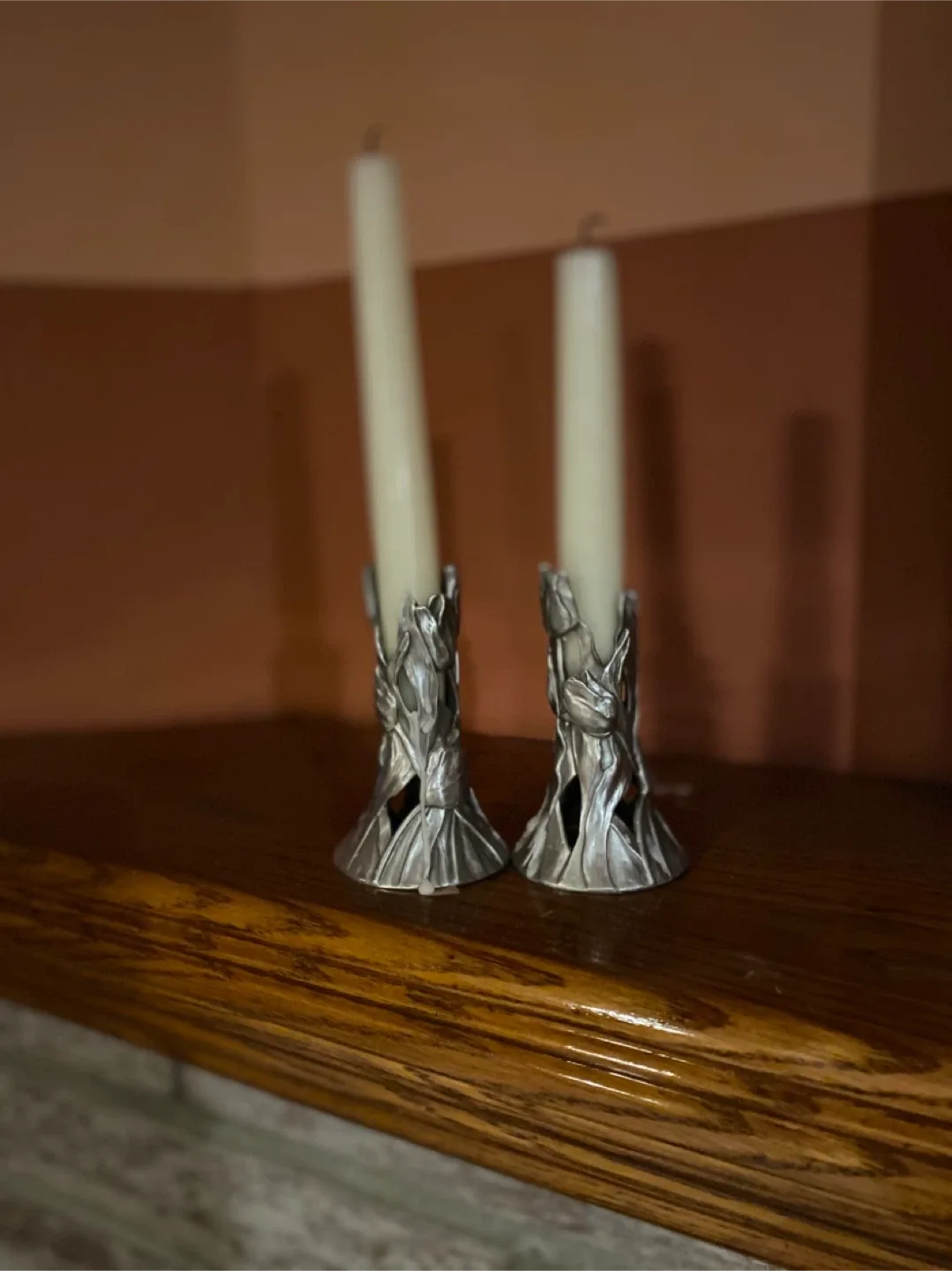 Vintage Pewter Candle Holders with Tulip Design image indicator(2)