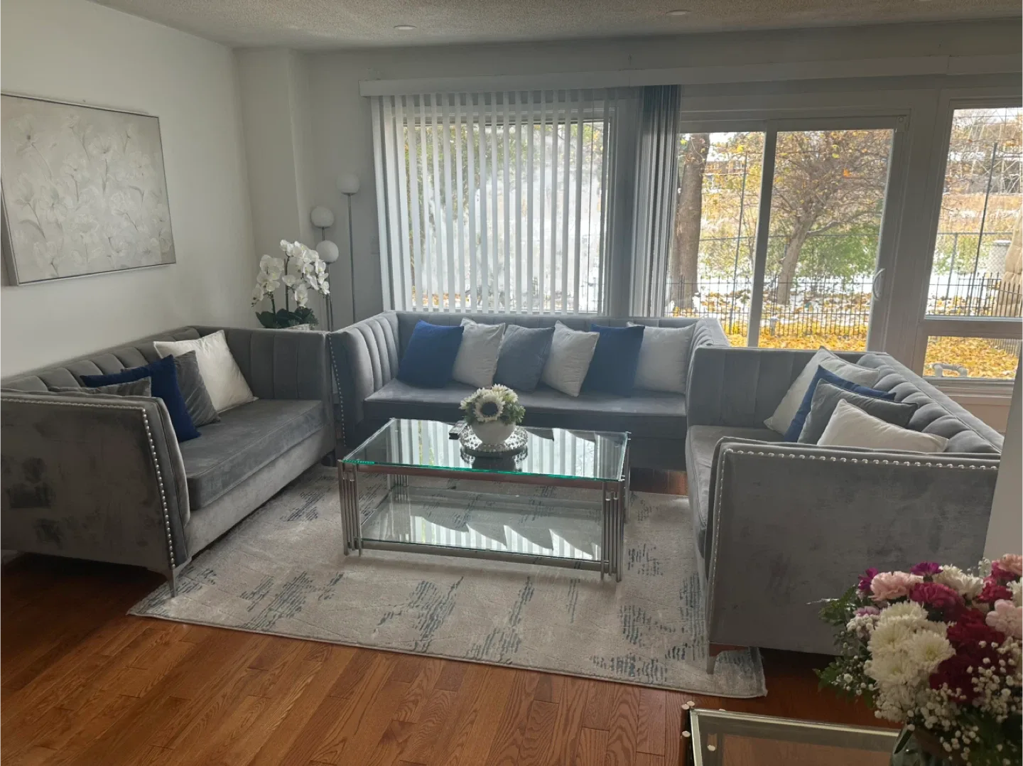 Grey Velvet Sectional Sofa Set and glass table image indicator(3)