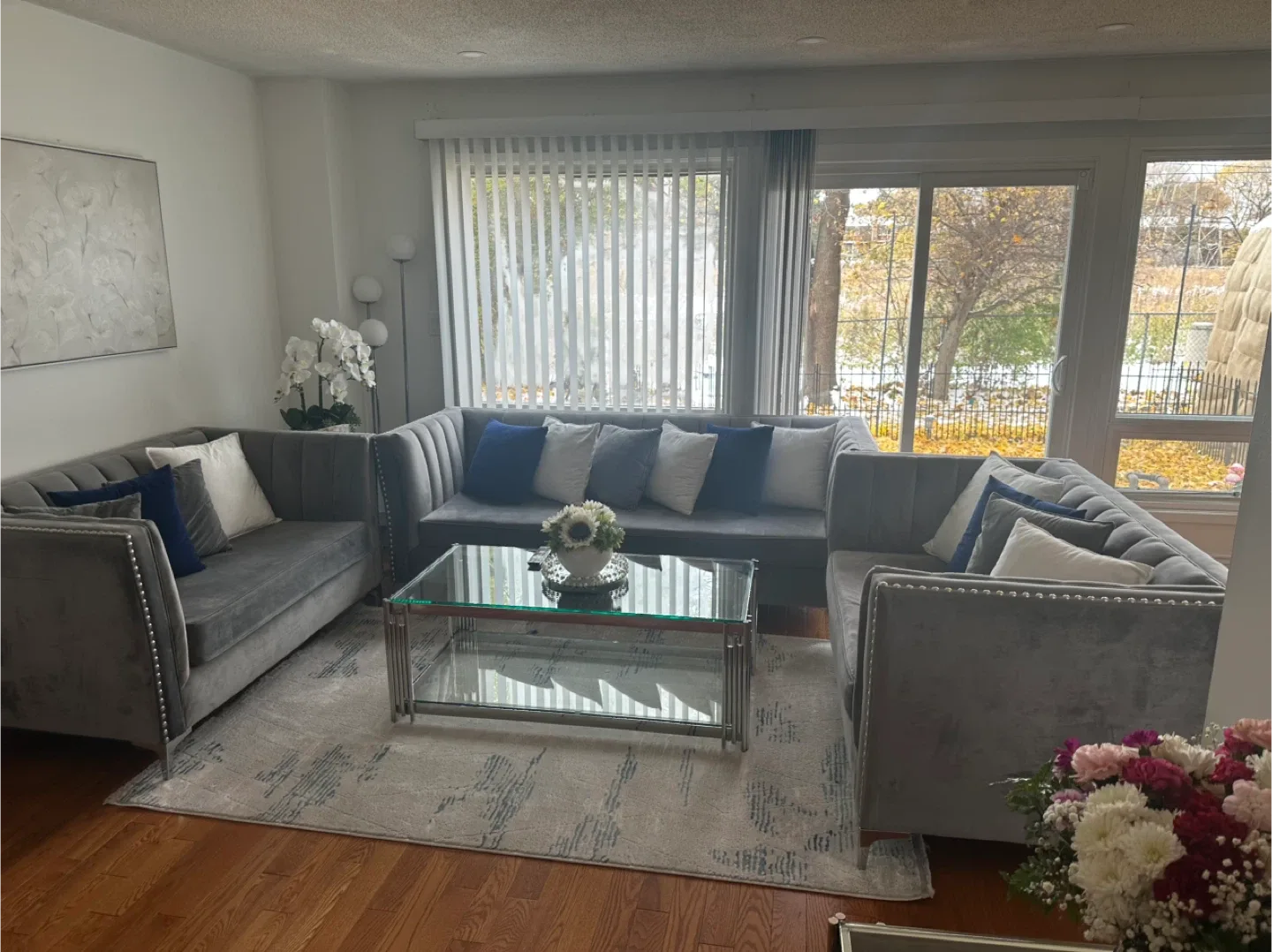 Grey Velvet Sectional Sofa Set and glass table image indicator(2)