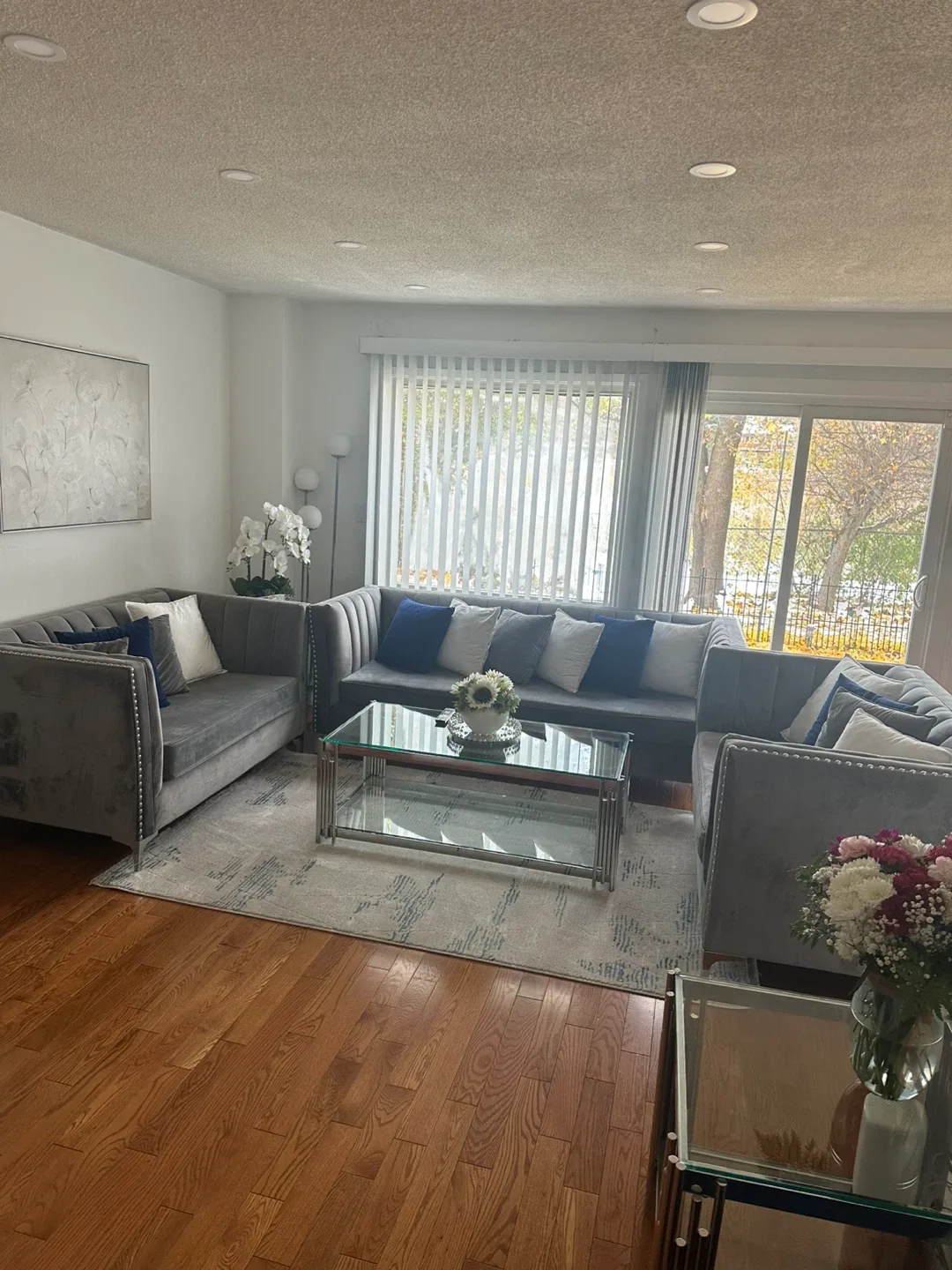 Grey Velvet Sectional Sofa Set and glass table thumbnail