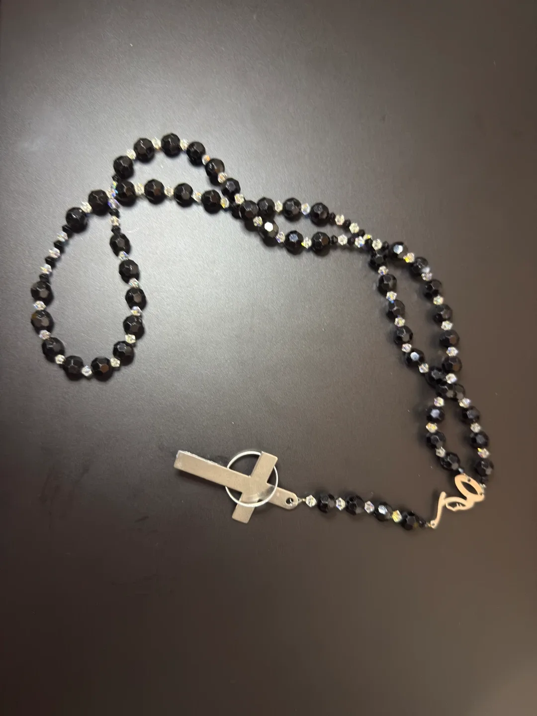 Black Beaded Rosary with Silver Cross