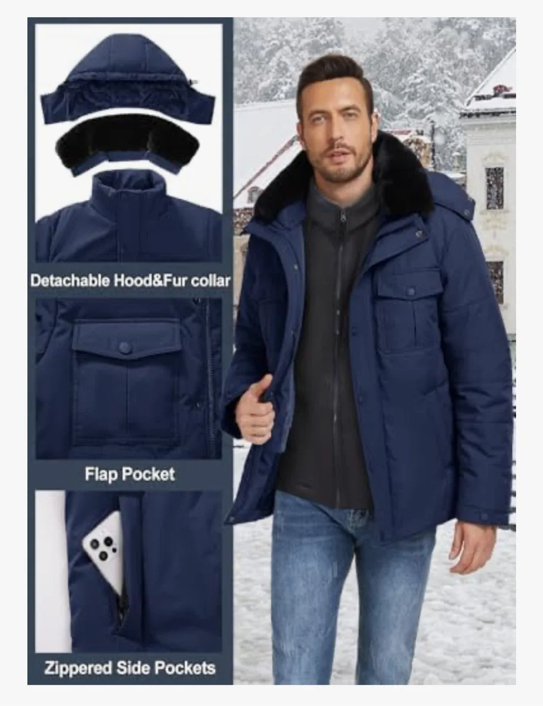 NEW! Men's Winter Jacket Fleece Lined, Removable Hood Parka image indicator(2)