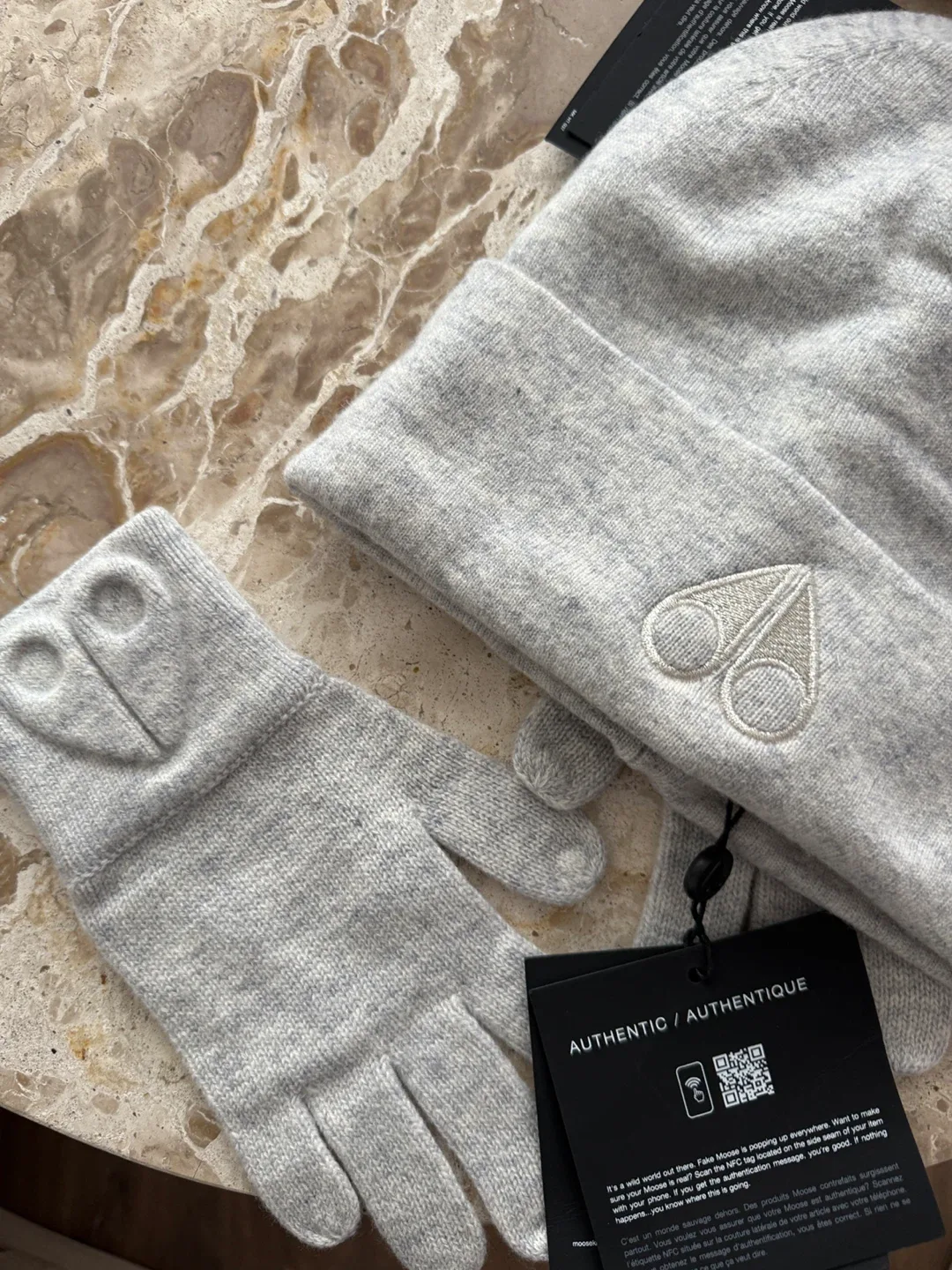 Moose Knuckles Grey Hat and Gloves Set