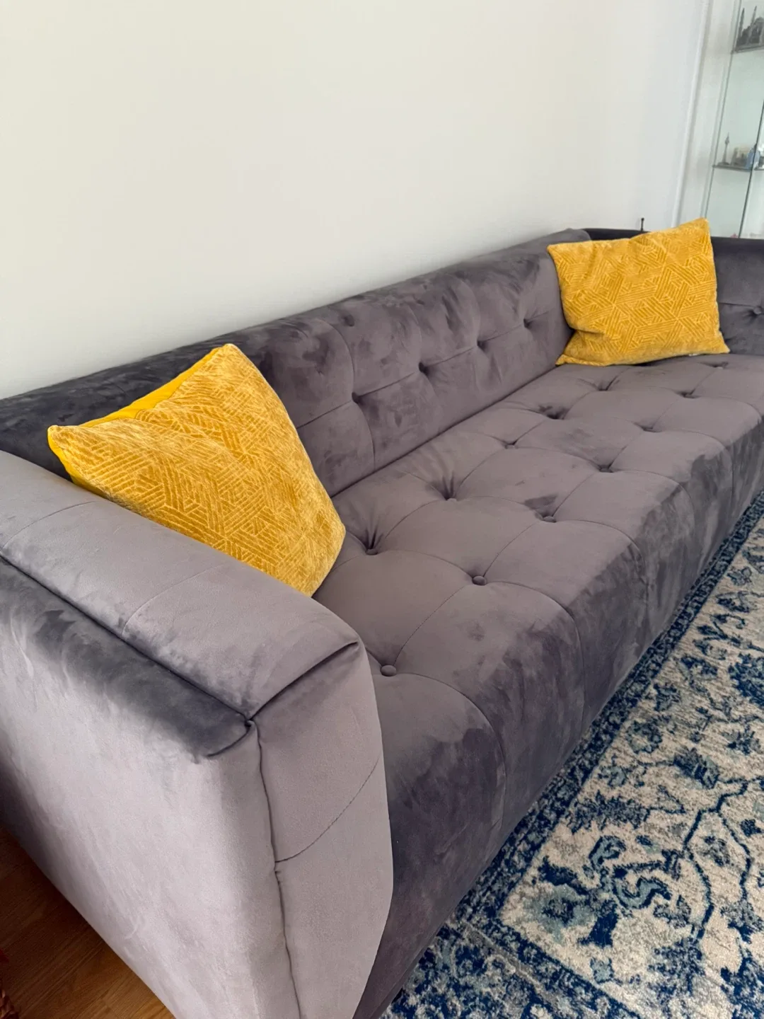 Grey Velvet Sofa with Yellow Pillows image indicator(3)
