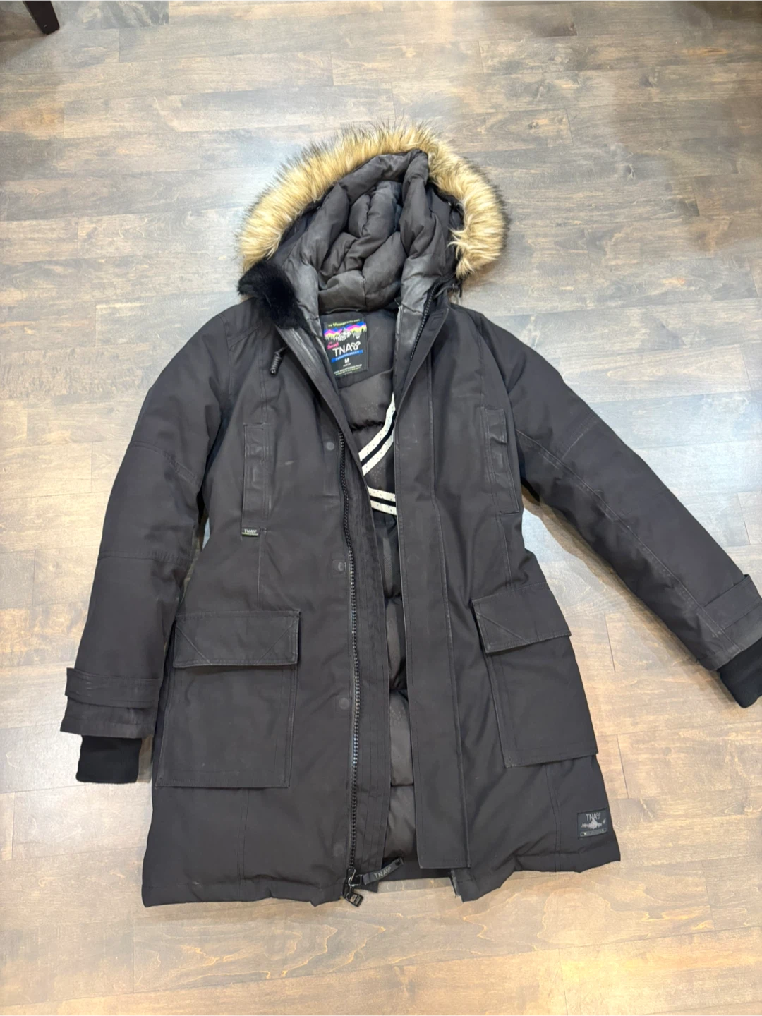 TNA Bancroft black parka with fur hood - Medium